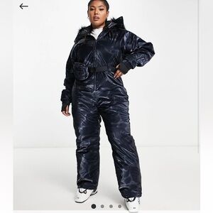 ASOS navy blue hooded fur snow suit ski jumpsuit onesie